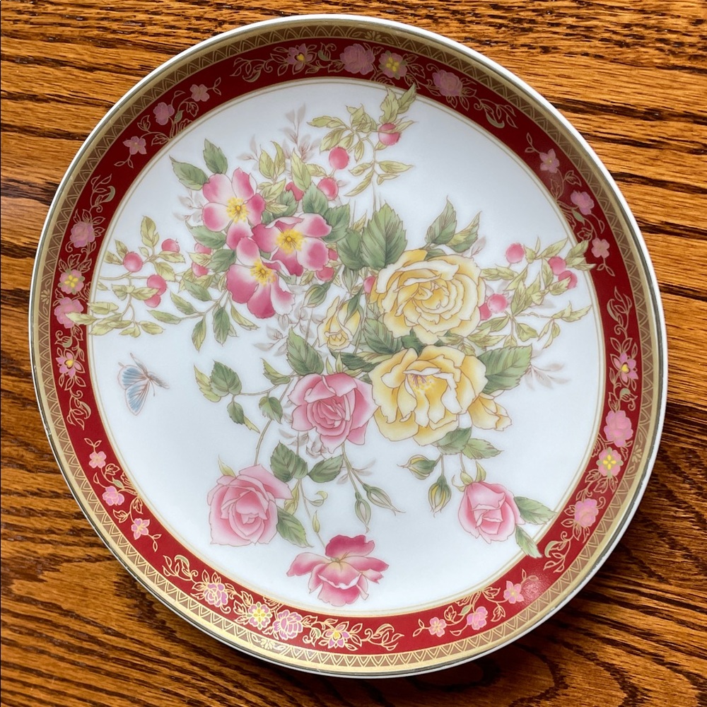 Floral Decorative Plate with Red & Gold Border